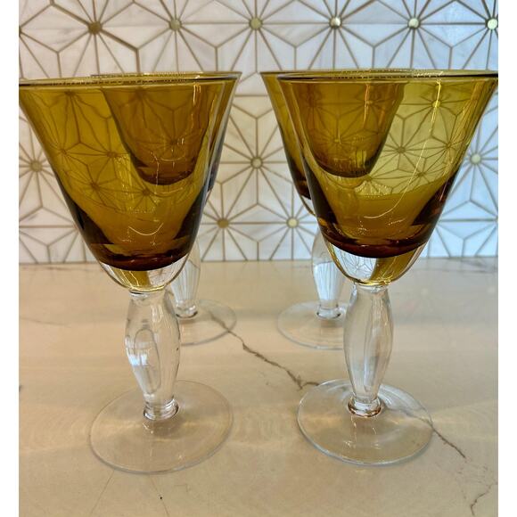Vintage‎ Wide-Stemmed Amber Glasses - Set of 4 - Picture 1 of 5